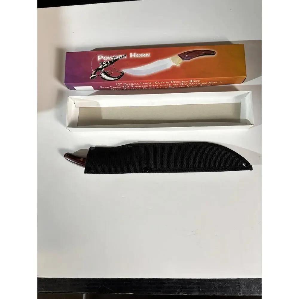 12” Custom Designed Knife Satin Finish Pakawood Handle. Nylon Sheath. New In Box